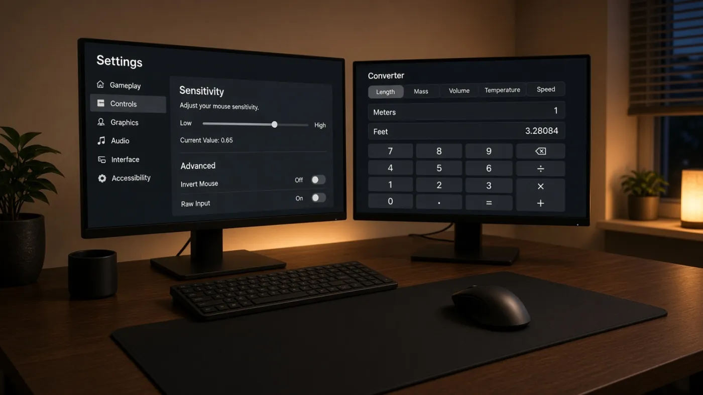 Dual-monitor desk with a game sensitivity menu on one screen and a conversion calculator on the other