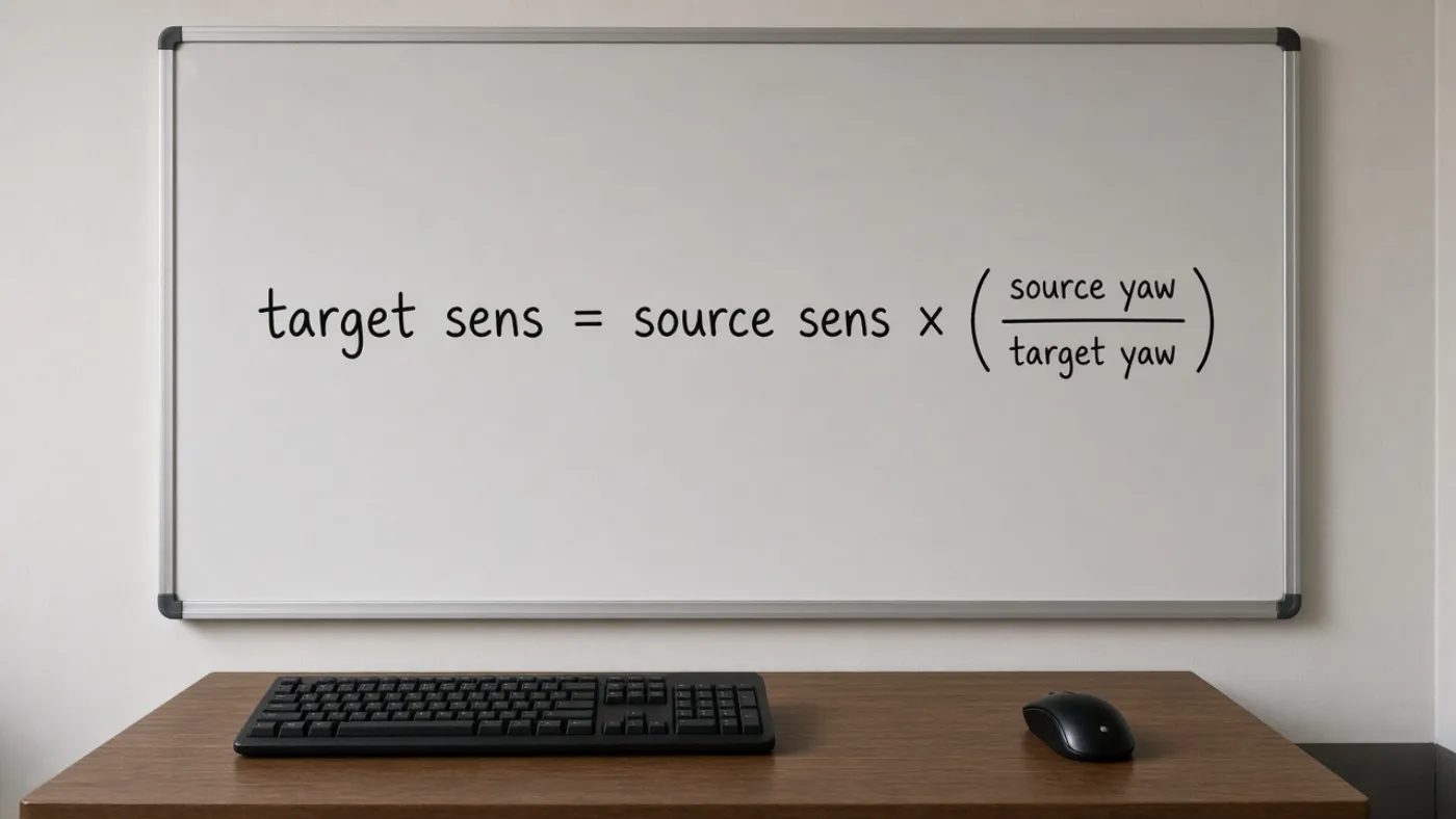 Whiteboard showing the hipfire conversion formula target sensitivity equals source sensitivity times source yaw divided by target yaw